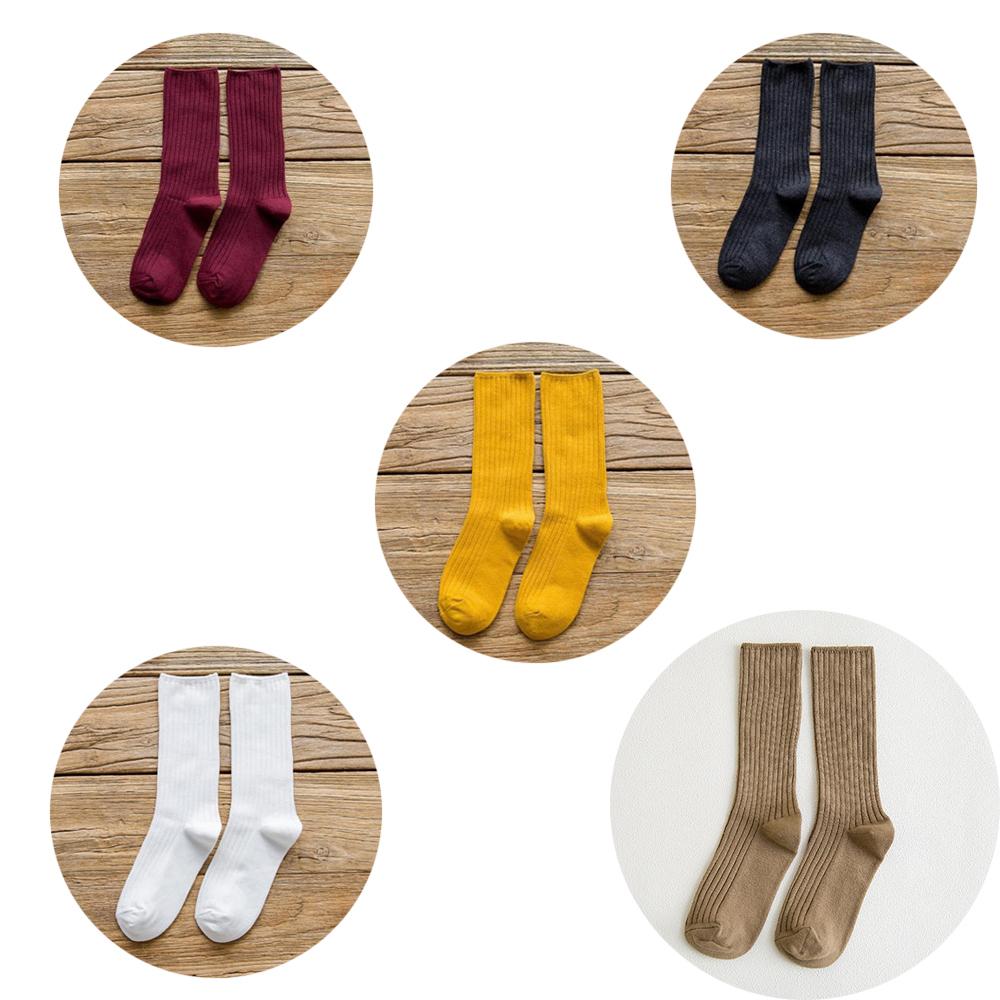 5 Pairs Solid Ribbed Crew Socks Women Mixed Color 4 Seasons Fit Loose Socks Set Daily Basic Sox