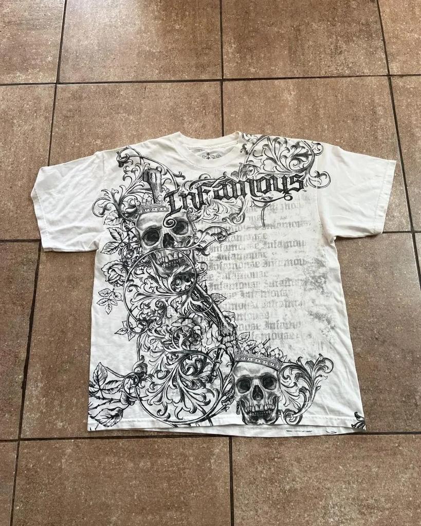 2000s affliction Retro T-shirts Men Grunge Cyber Goth Emo Skull Tees E-girl Graphic Print Short Sleeve Tops Vintage Streetwear