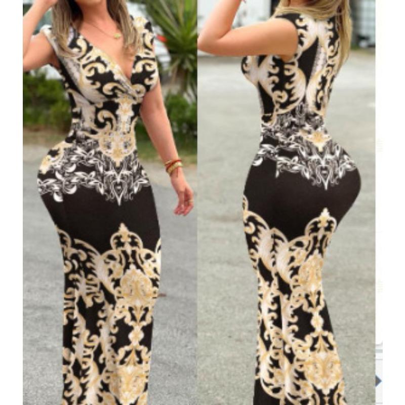 A Sexy and Fashionable V-neck Sleeveless Printed Long Dress That Covers The Hips for Summer Women