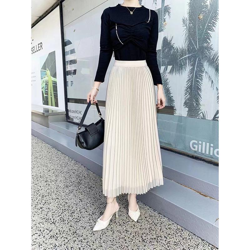 2023 Autumn/Winter Double-Sided Pleated A-Line Midi Skirt for Women