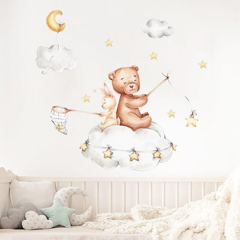 Cute Cartoon Bear Bunny Star Moon Wall Stickers for Kids Rooms Baby Room Wall Decor Wallpaper Girls Boys Bedroom Nursery Sticker