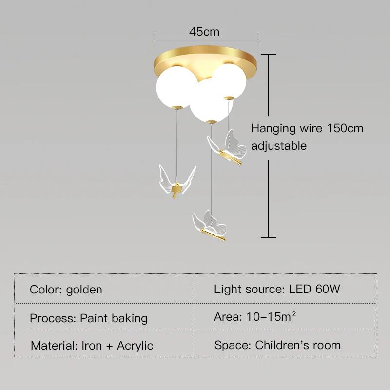 Simple And Modern Bedroom Lamp With Ball Butterfly Warm and Romantic Ceiling Lamp For Children's Room Pendant Light Indoor Light