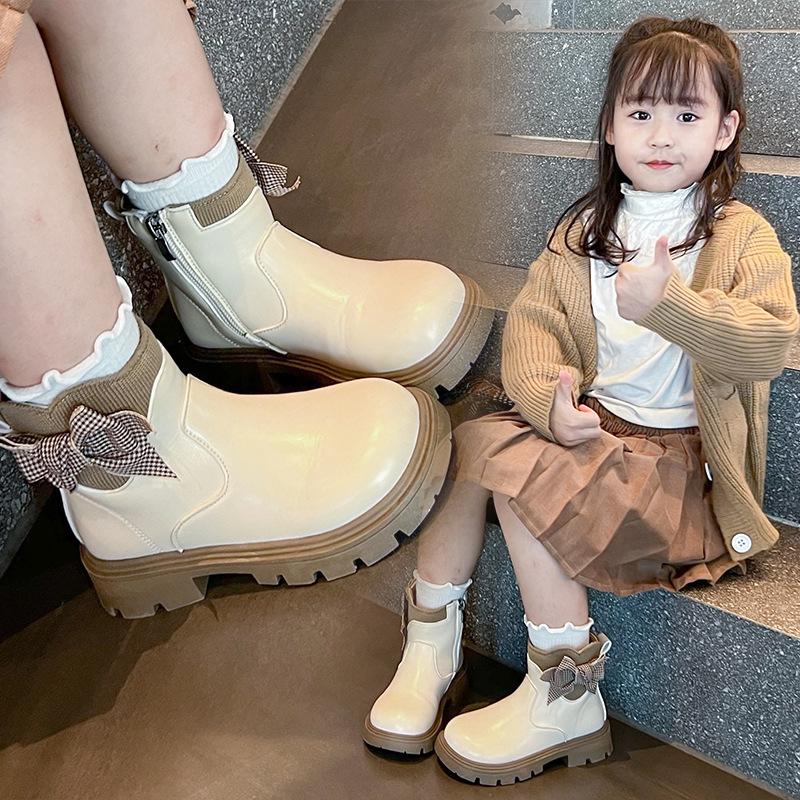 Girls' Fleece-lined Short Boots, New Autumn and Winter Children's Martin Boots, Stylish and Versatile Single Boots for Girls, Suitable for Older