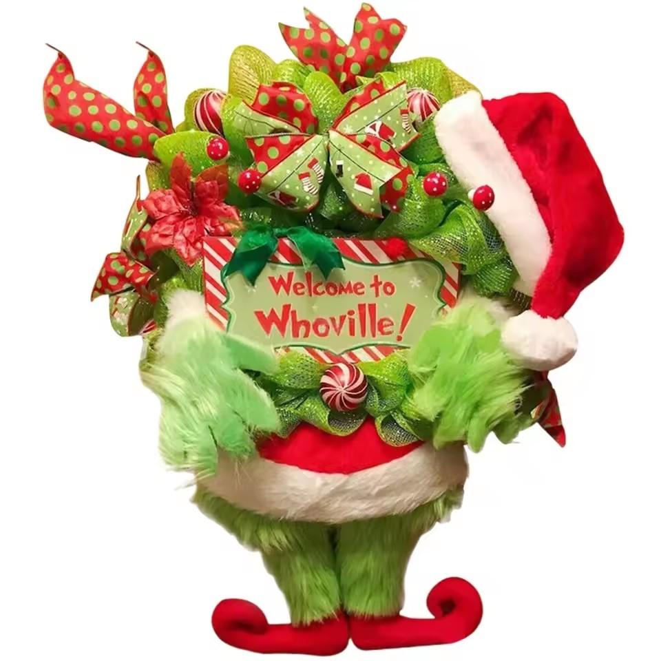 Door Creative Christmas Decor Plush Green Hairy Monster Hanging Ornament Grinch Leg Wreath Door Hanging New Year Decoration