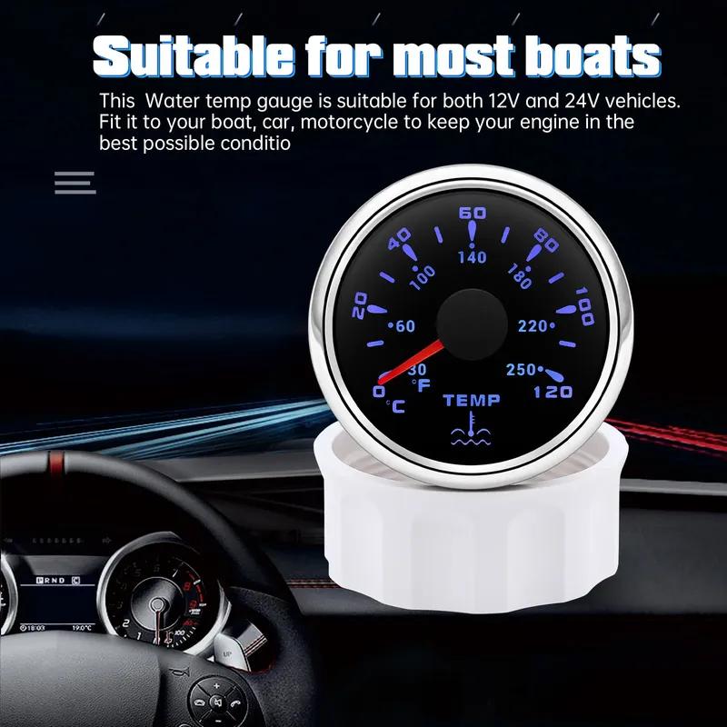 0~120℃,30~250℉ 52MM Water Temperature Gauge+Water Temp Sensor 10.2MM,12MM,16MM,17MM,21MM 7 Color Light for Boat Yacht Car 12V24V