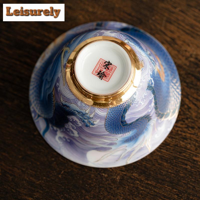 130ML Sheep Fat Jade Porcelain Gaiwan Enamel Colored Blue And White Dragon Palace Tea Tureen Tea Brewing Cover Bowl Tableware