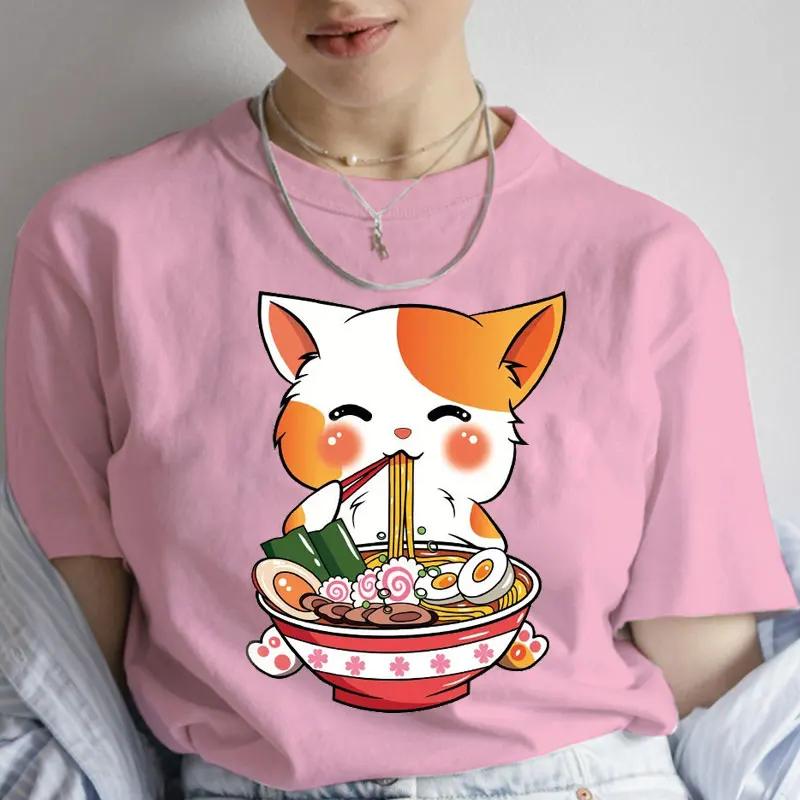 Anime T-shirt for Women Japanese Anime Noodles Printed T Shirt Cute Lamian Noodles Kitten T Shirts