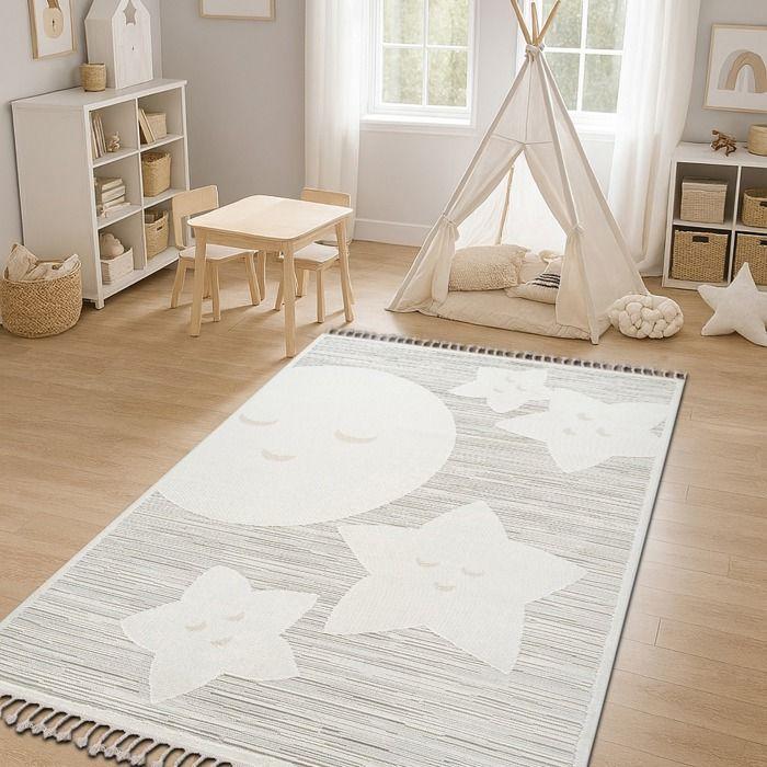Kinderzimmerteppich weich Sternenmuster weiß 120x180