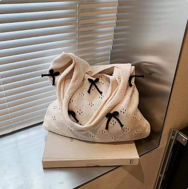 Solid Color Large Capacity Shoulder Bucket Bag Fashionable Knitted Work Commuter Bag Daily Shopper Tote For Women