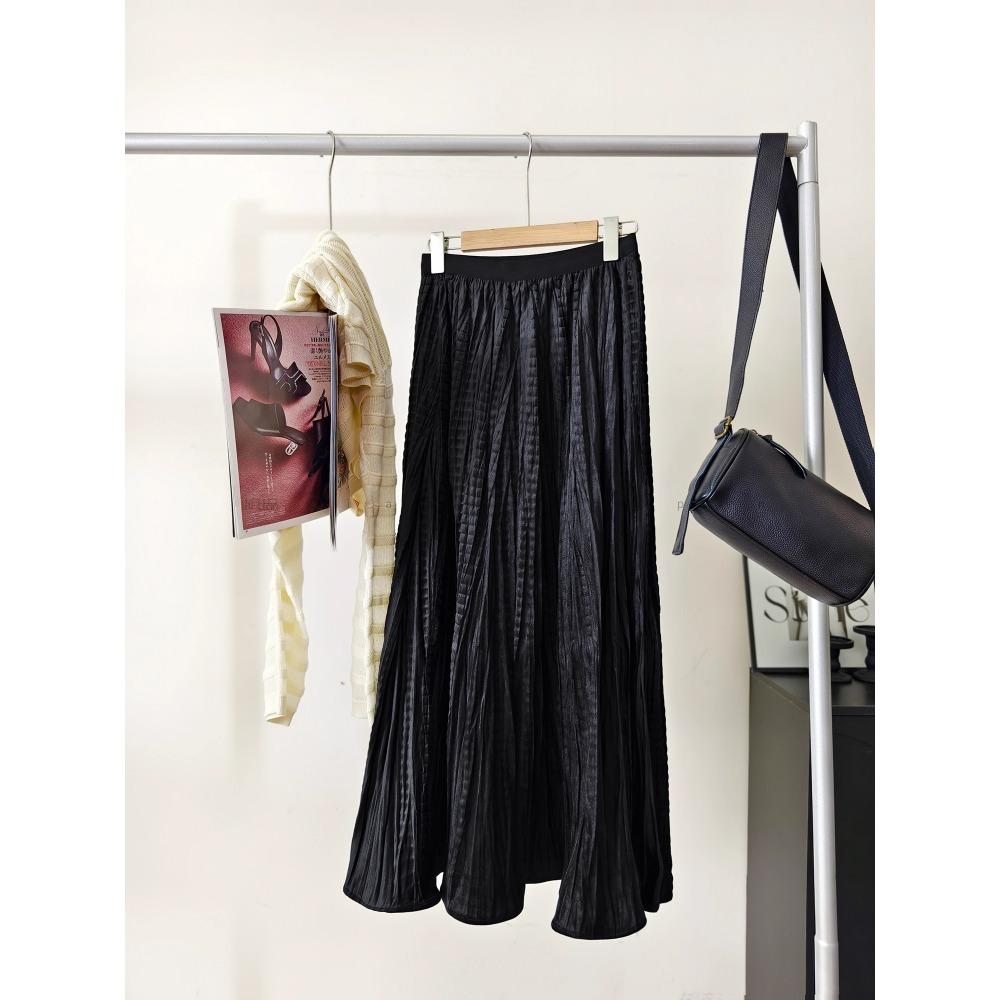DIMANAF 2025 Autumn New Women Skirts Solid Plaid Loose Elastic Waist Pleated Elegant Long Skirts Red