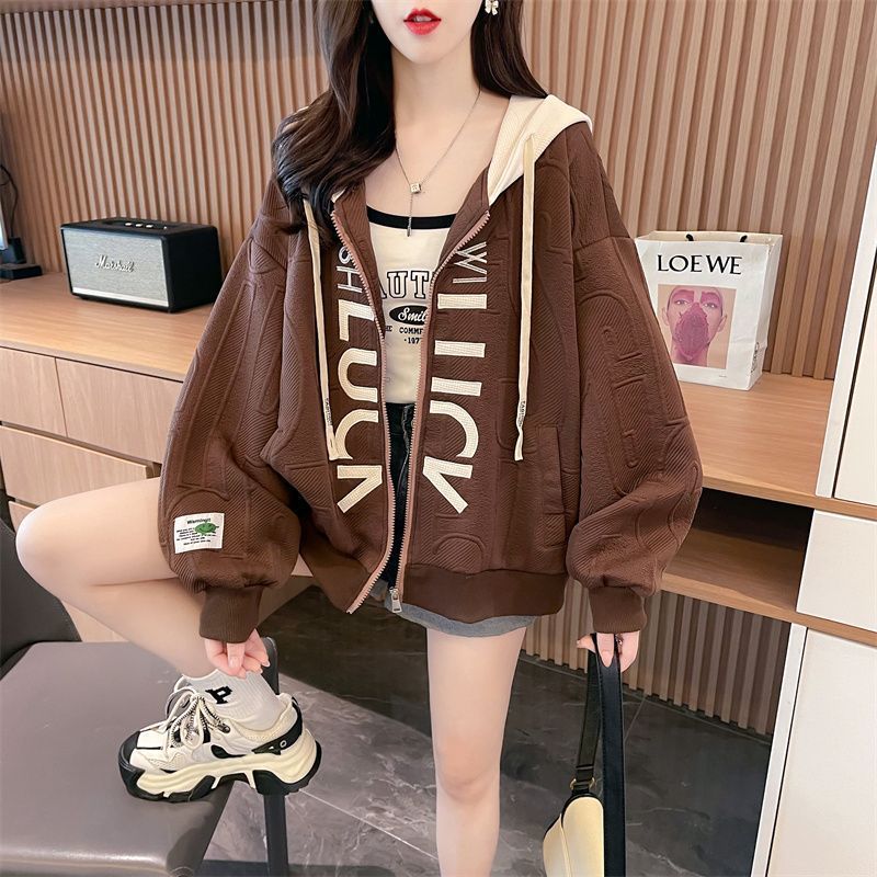 

Модная женская куртка-кардиган с капюшоном для женщин, осенний тонкий стиль, модный универсальный топ L коричневый