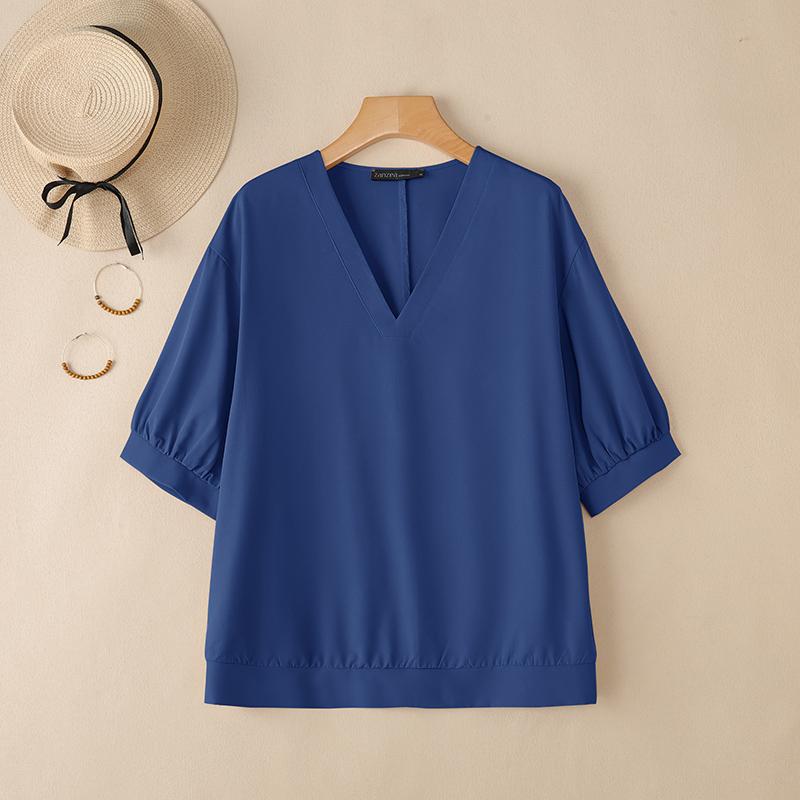 

ZANZEA Женская повседневная блузка с V-образным вырезом, свободного кроя, однотонная, с рукавом до локтя 4XL