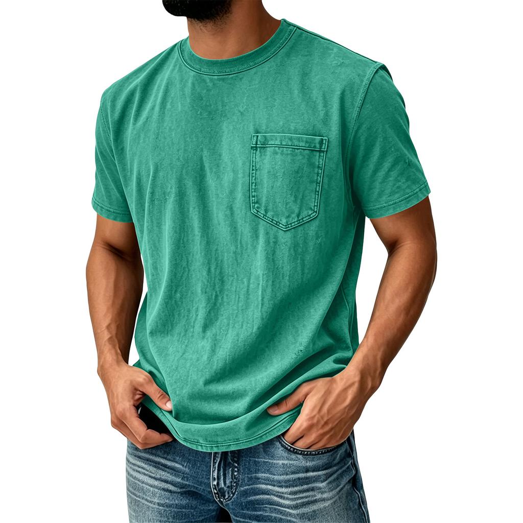 Men Vintage Washed Short Sleeve T Shirt Crew Neck with Chest Pocket Casual Loose Fit Soft Fabric Classic Style