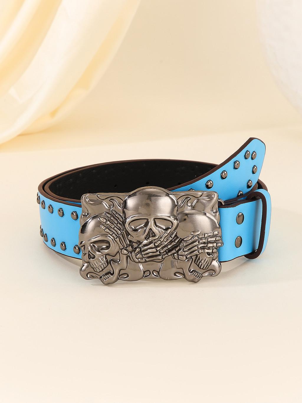 

Street Style Skeleton Metal Buckle Decoration Rivet Design Men Wide Waistband For Youth Fashion синій