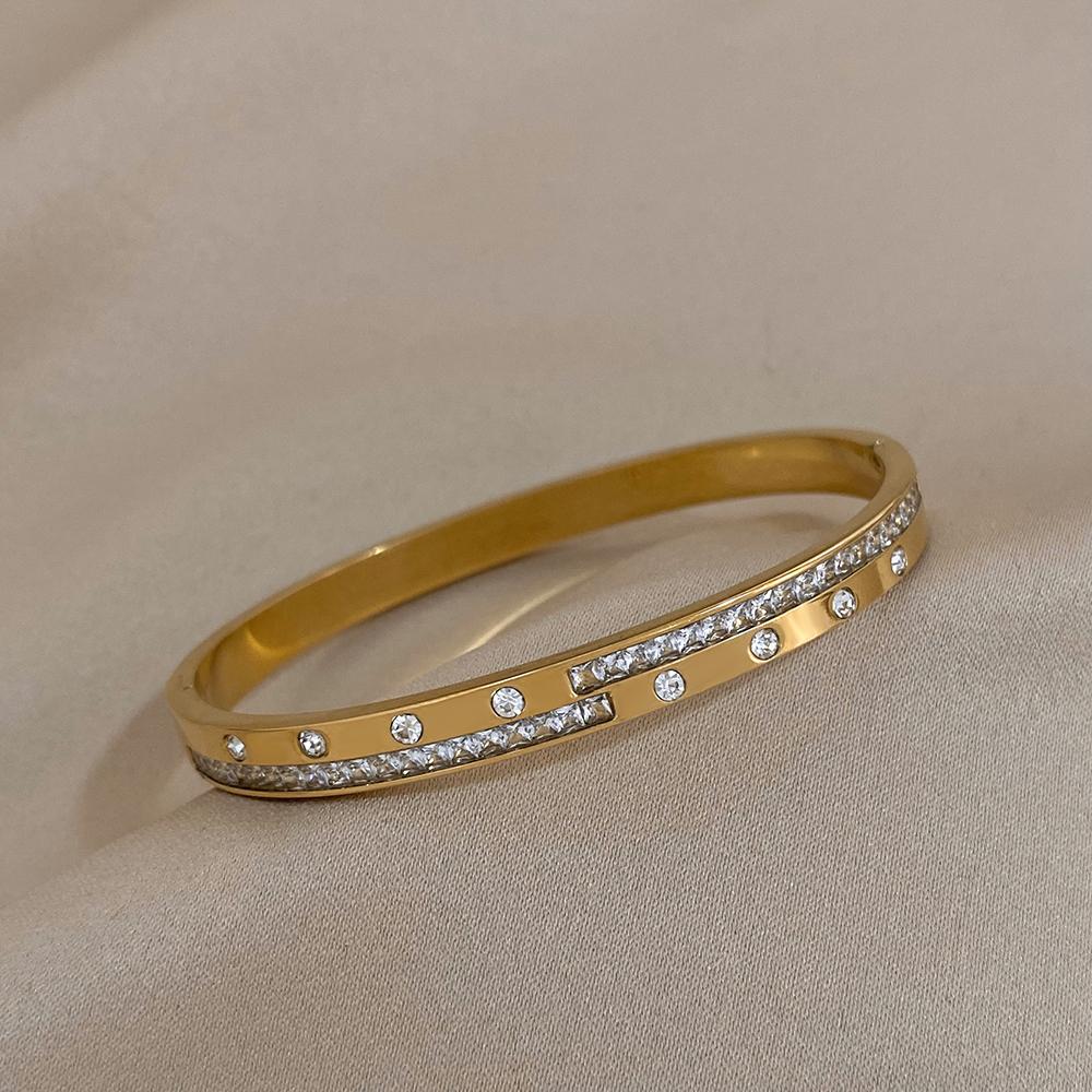 Greatera Trendy Gold Plated 316L Stainless Steel Bangles Bracelets for Women Delicate Cubic Zirconia Bracelet Party Jewelry