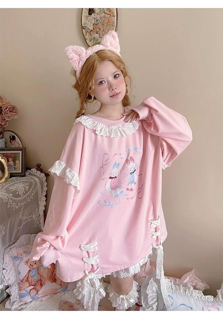 LAVASEON Cute Rabbit Print Long Lace Collar with Loose Korean Student Mori Girl Plus Sizes Hoodie, Length, Women's, Ribbon, School-Style, Fit,