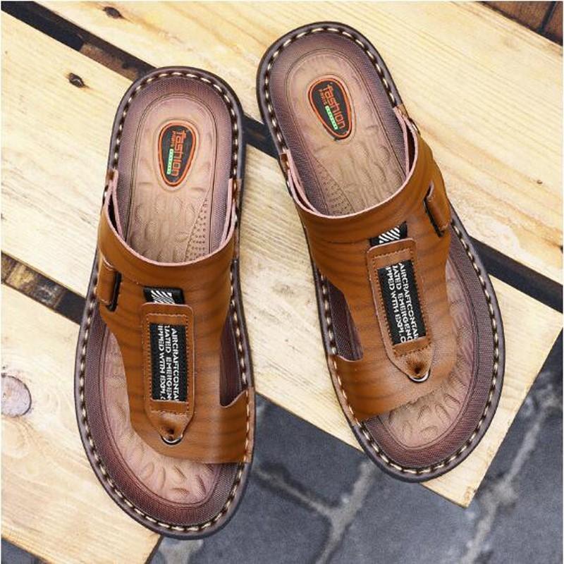 New Summer Outdoor Flip Flops Men Sandals Comfortable Casual Leather Men Breathable Beach Shoes Sandals Plus Size 38~48 D39