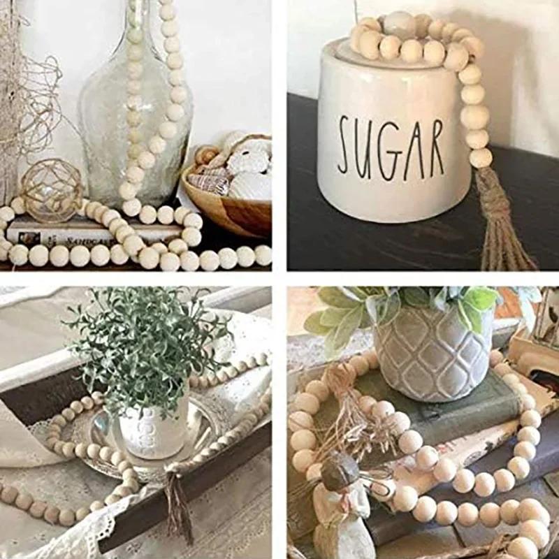 Wooden Handmade boho DIY Rattan Natural Wood Bead Garland Tassel Craft Rustic Country Beads Home Wall Hanging Decoration
