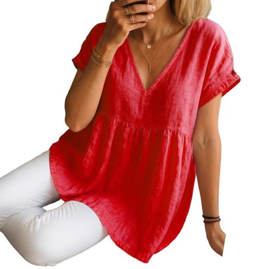 Women Tops V-Neck Short Sleeve Ruffle Splicing Hem Pullover Tops Pure Color Loose Fit A-Line Tee Tops Daily Wear