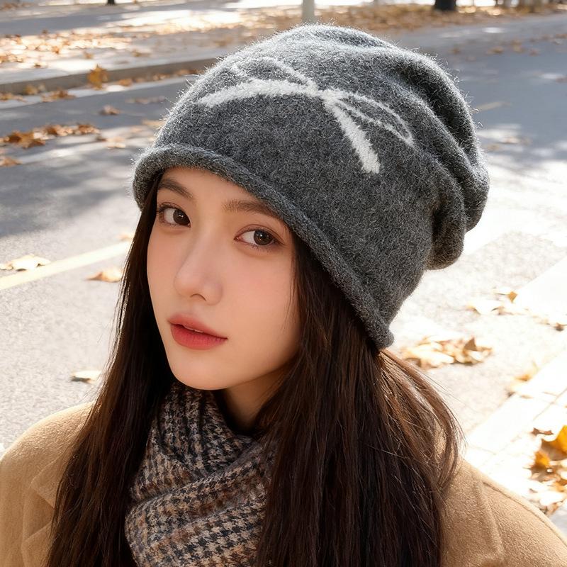 Autumn and Winter Retro Hats for Women Bow Knot Caps Big Head Circumference Face Showing Small Pile Hats Knitted Warm and Cold Hats