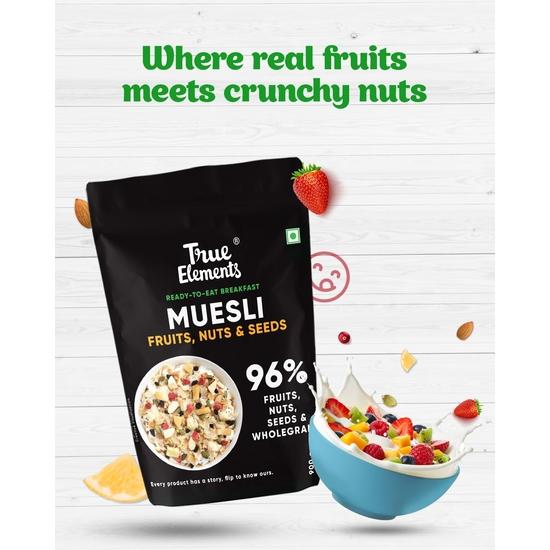 True Elements Frucht-Nuss-Müsli – Vollkorn-Frühstückscerealien mit echten Früchten & Nüssen