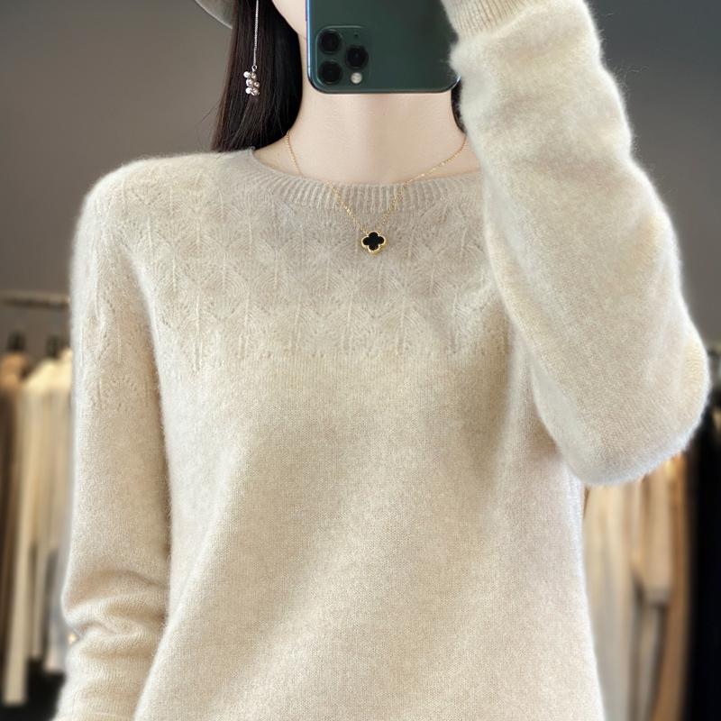 Women's Round Neck Sweater, Qinghe Cashmere, 30% Cashmere 70% Wool, Hollow Winter Knitted Pullover Autumn Sweater Cashmere Sweater