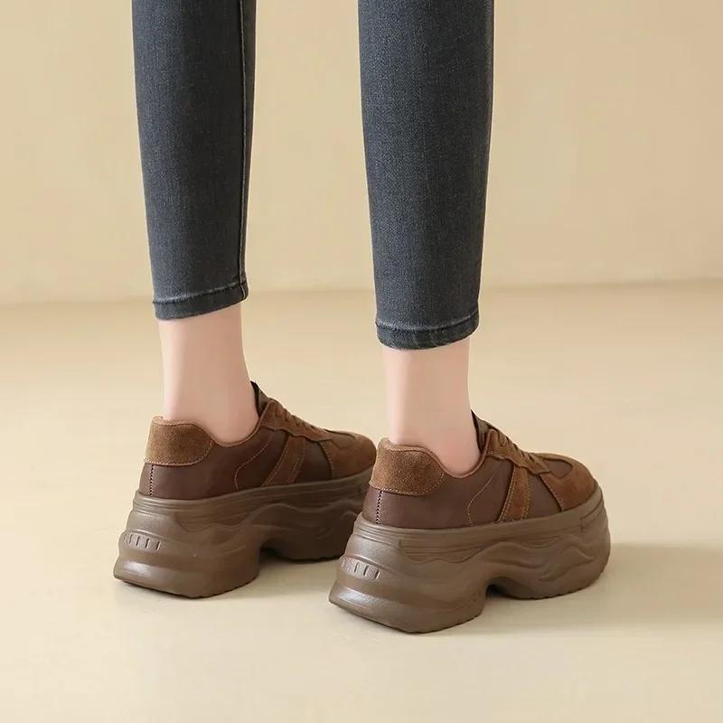 Fashion 7.5CM Single Shoe Women Spring Autumn Thick Leather Heightened Thick Sole Lace-up Sneakers Retro Oxford Shoes Women Casual Shoes