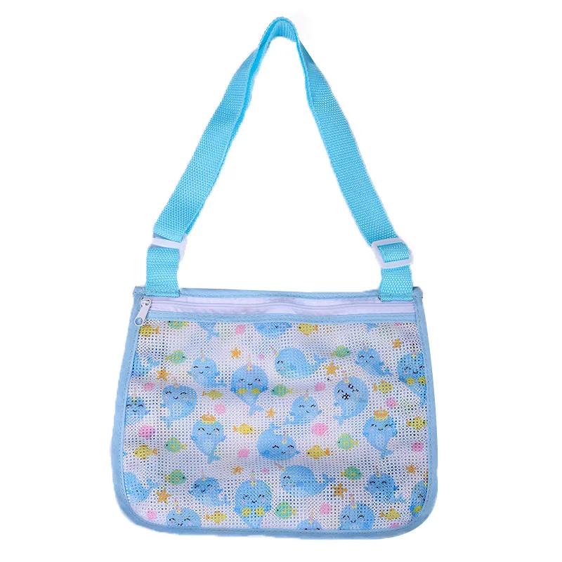 Mesh Beach Bag for Kids Toy Organizer Net Zipper Adjustable Shoulder Strap Storage Pouch Child Shell Collecting Bag Round Bucket
