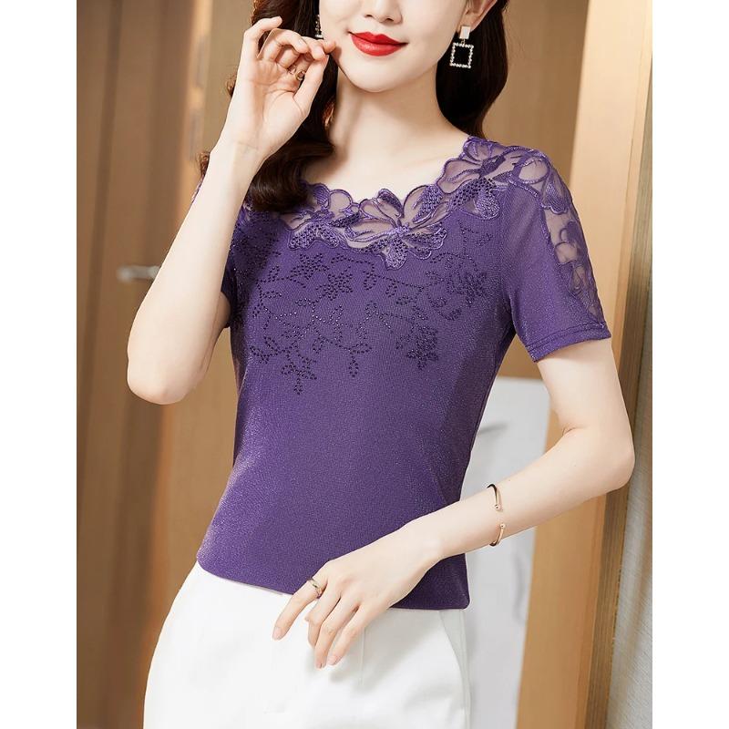 Női Póló Csipke Lyukacsos Hímzett Hálós Pólók Divatos Alkalmi Rövid Ujjú Strasszos Női Ing
