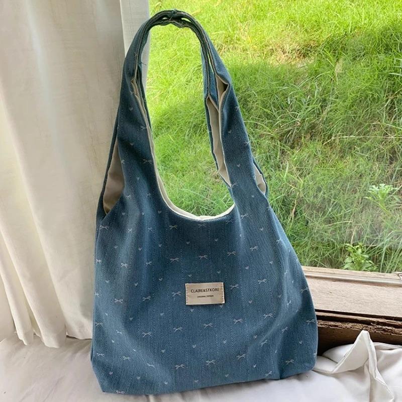 Sweet Bow Love College Girls Denim Shoulder Bags Large Capacity Portable Women's Canvas Vest Handbags Ladies Casual Tote Bags
