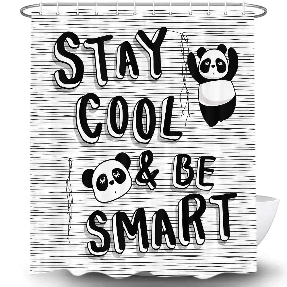 Panda Bamboo Shower Curtain, Cartoon Funny Cute Blue Sky Rainbow Kids Bamboo Forest Animals Birds, Bathroom Decorative Fabrics