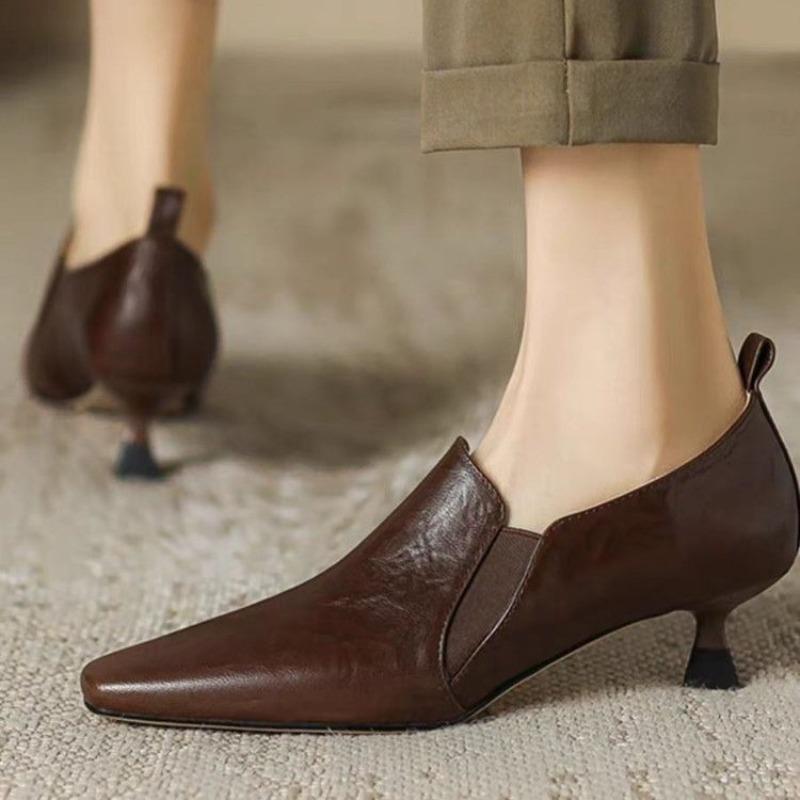 

French Style Temperament Low-heeled Shoes Women s New Leather Pointed High Heel Pumps Retro Chunky Office Daily Footwears 34 коричневый