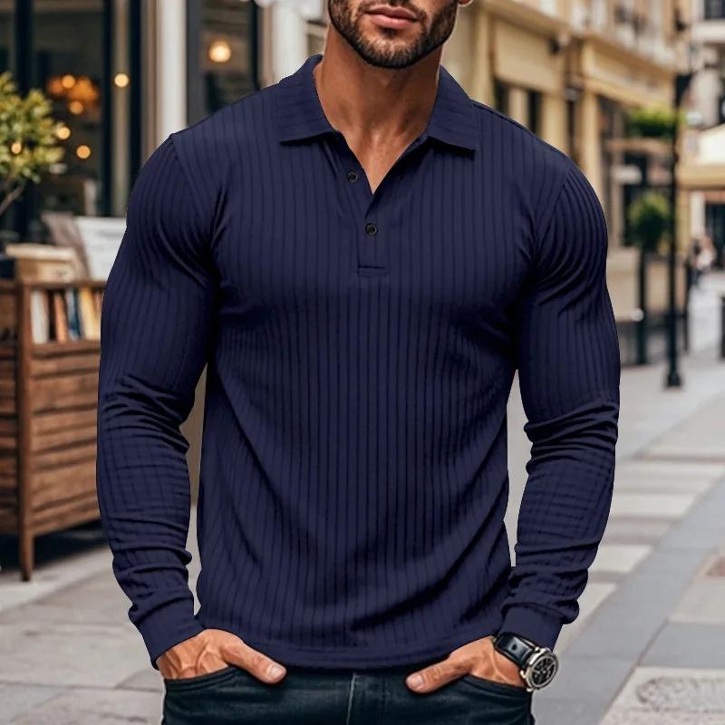 Cross-border Autumn and Spring Men's Classic Casual American Lapel Button-up Long-sleeved T-shirt Elastic Polo Shirt