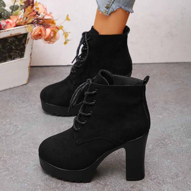 Block Heel Booties Women's  Fall/Winter Round Toe Lace-up Suede Skinny Platform Heels