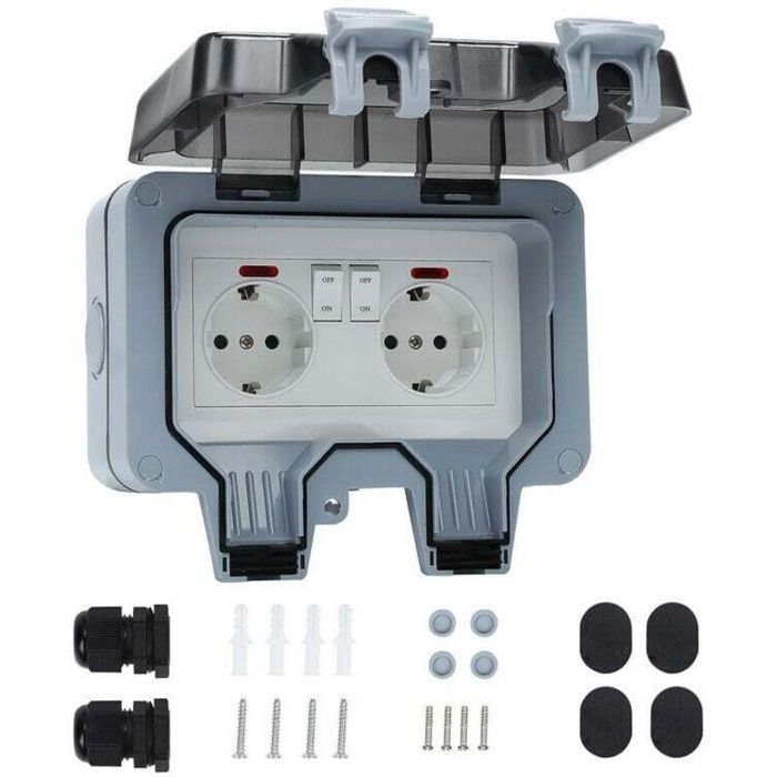 Prise murale étanche IP66 double 16A avec interrupteurs et couvercles verrouillables – ABS, profondeur 6,7 cm
