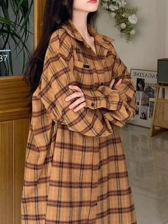Women's Retro Plaid Shirt - French Chic, Loose Fit, Perfect for Spring & Autumn