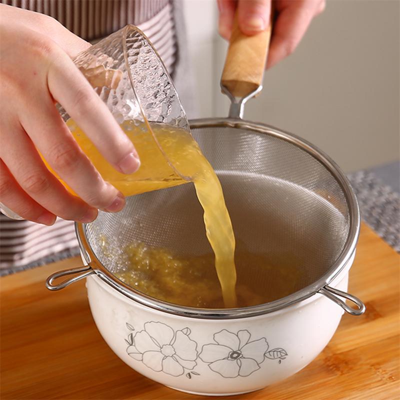 304 Stainless Steel Double Ear Colander Wooden Handle Skimming Spoon Juice Filter Fine Mesh Strainer Kitchen Accessories