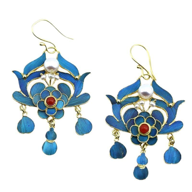 Cloisonne Imitation Emerald Earrings, Long Gold Plated Pearls, Palace Museum Emerald Style, Simple Chinese Style, Ancient Style Earrings