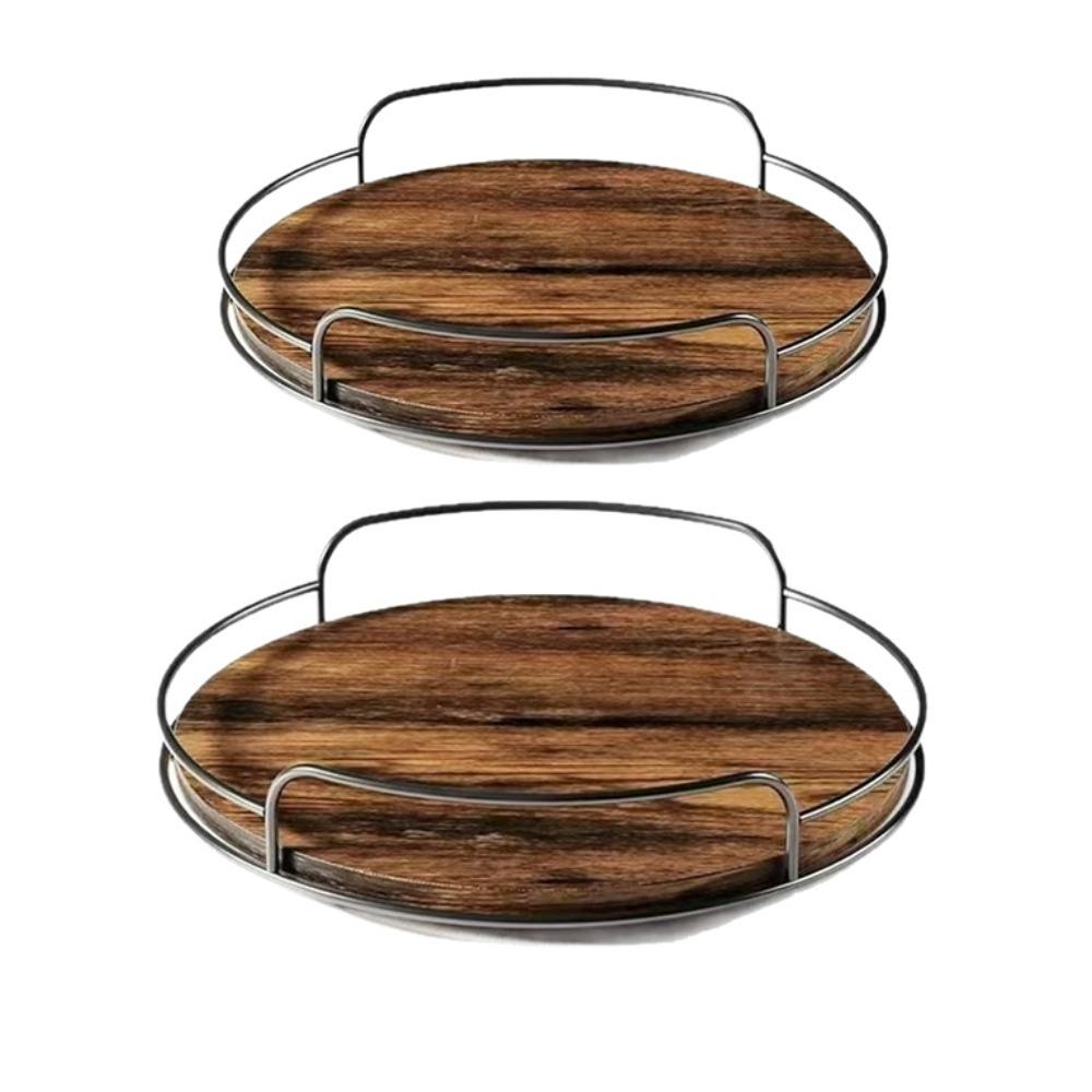 2 Piece Metal Guard Rail Wooden Rotating Tray Round Bathroom Storage Tray Cabinets