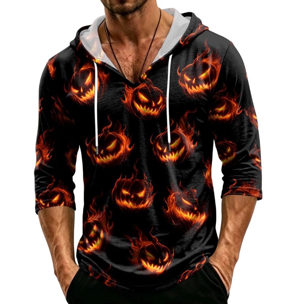 Men's Loose Fit Casual Hoodie Three Quarter Sleeve Pullover Halloween Themed Graphic Print Lightweight Top