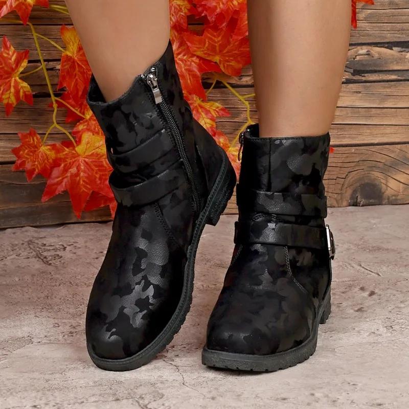 Fashion Size 36-43 Round Toe Belt Buckle Side Zipper Med Heels Short Boots Women's Shoes Retro Camouflage Chelsea Boot Botas Mujer
