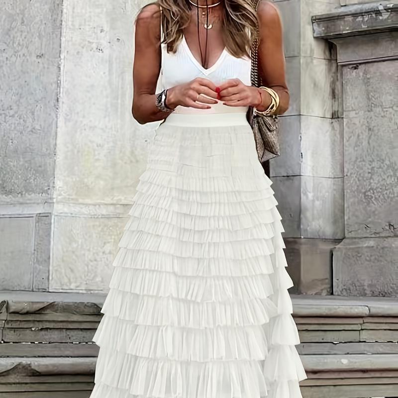 Elegant Boho High Waist Skirt for Women - Durable, Comfortable Fit with Chic Mesh Layer & Contrast Lace, Perfect for Spring/summer