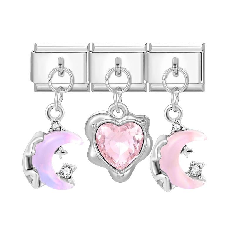 Y2K 3PCS Colorful Crystal Zircon Pendant Moon Star Bow Italian Charm Links Stainless Steel Fit 9mm Bracelet Jewelry DIY Making