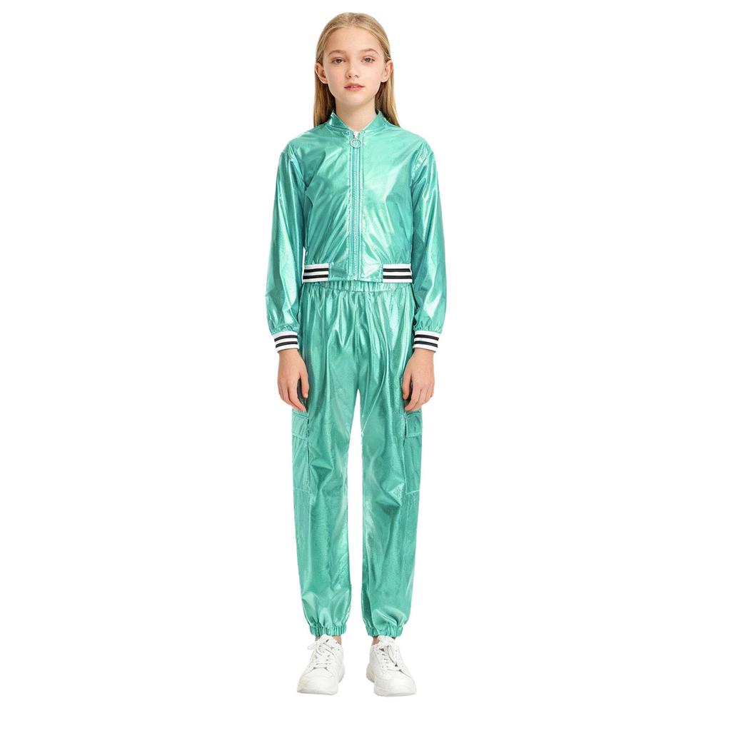 Kids Girls Hip-Hop Jazz Dance Costume Complete Set: Metallic Zipper Jacket & Pants, Stand Collar Long Sleeve Stage Outfit