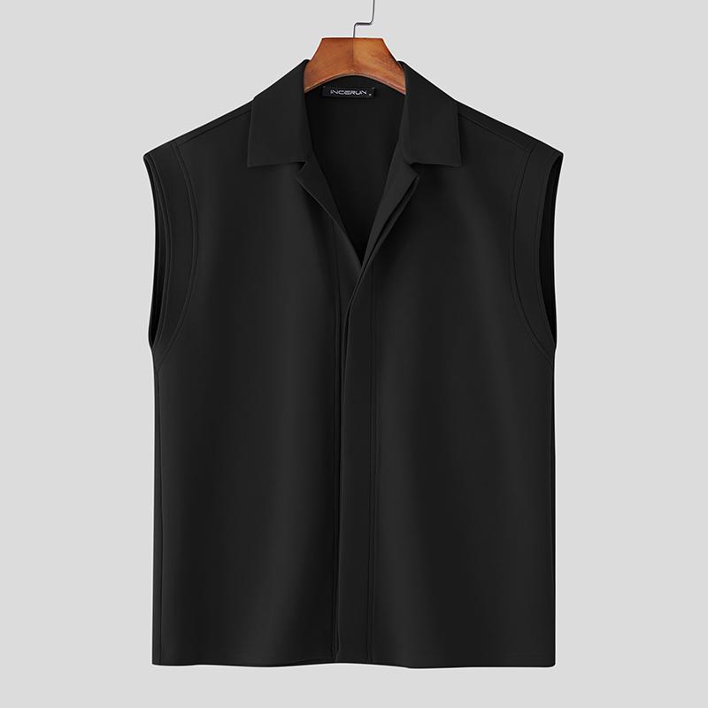 

INCERUN Мужские однотонные повседневные рубашки с отложным воротником, без рукавов, на пуговицах