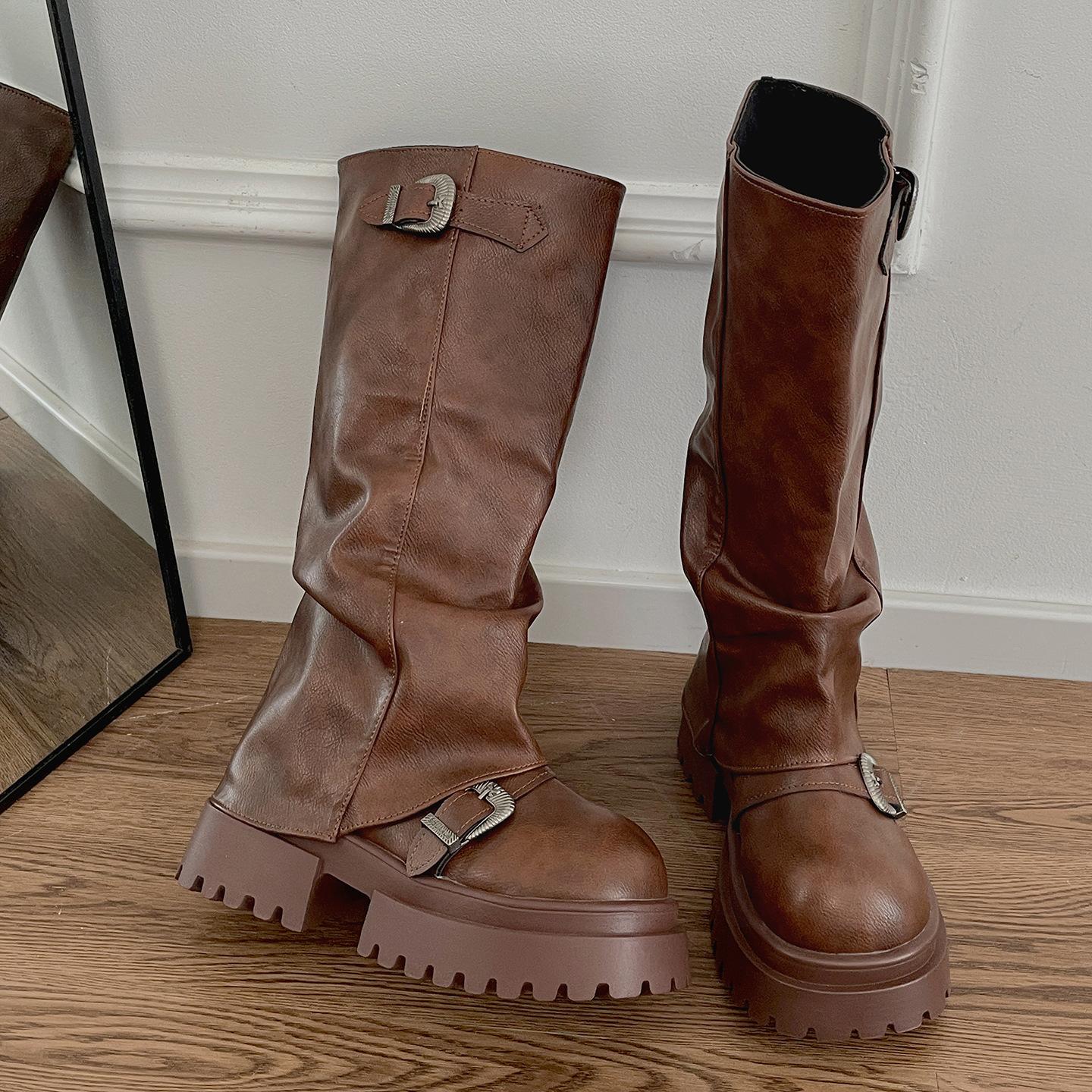 

Black British Thick High Heel Platform Boots Women s Boots 2025 New Autumn Versatile Skinny Pants Boots 40 коричневый