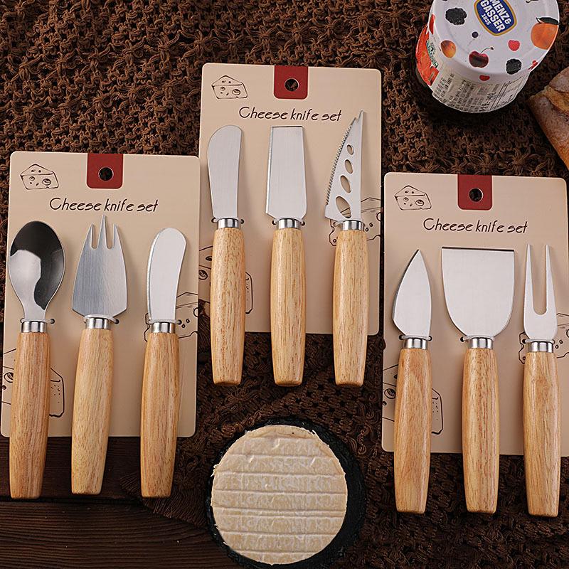Rubber Wood & Stainless Steel Cheese Knife Set - Western Tableware with Knife, Fork, and Spoon