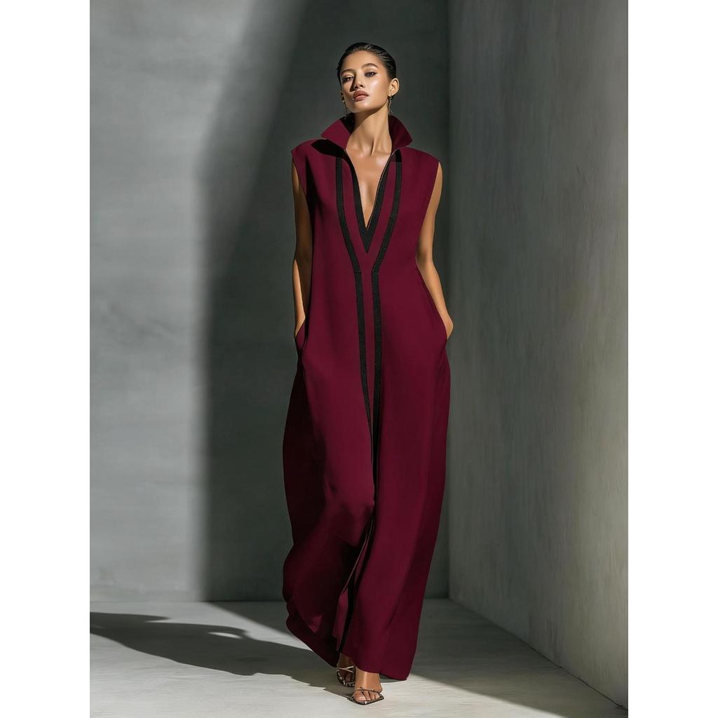 Damen V-Ausschnitt Ärmellos Weiter Bein Jumpsuit Lockerer Sitz Hoher Bund Kontrastfarbe Maxi Jumpsuit