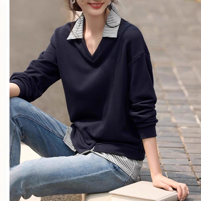 Women's Long Sleeve Sweatshirt Polo Collar Elegant Casual Top Contrast Color Splicing Pullover