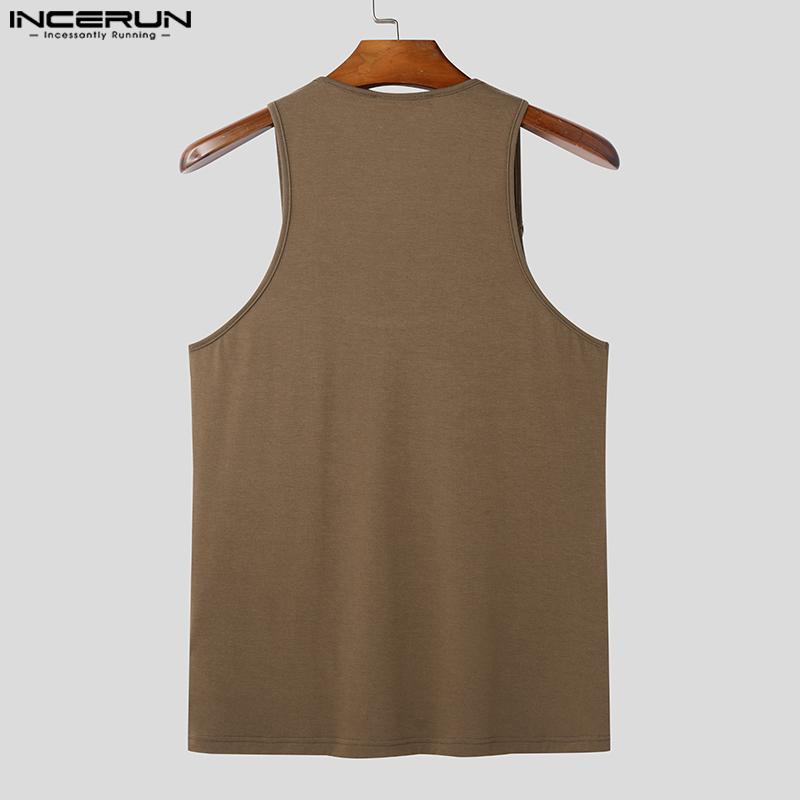 INCERUN Mens Summer Sleeveless Patchwork Strap Solid Color Casual Tank Tops